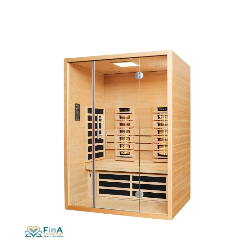 Frontansicht der VITALhome Sunlight 140 Infrarotkabine – moderne Heimsauna aus Holz mit Glastür und ergonomischer Ausstattung für entspannende Infrarotwärme zuhause.