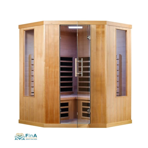 Infrarotkabine VITALhome Sunlight 155 Ecke – moderne Ecksauna aus Hemlockholz mit Glasfront für 3 Personen.