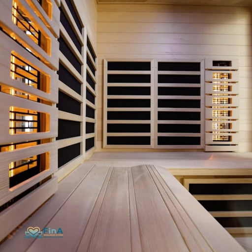 Innenansicht der Infrarotkabine VITALhome Sunlight 155 Ecke mit Carbon- und Magnesiumstrahlern für tiefenwirksame Wärme.