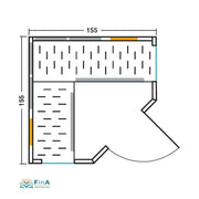 Technische Zeichnung der Infrarotkabine VITALhome Sunlight 155 Ecke – Maße 155 x 155 cm, optimal für Eckmontage.