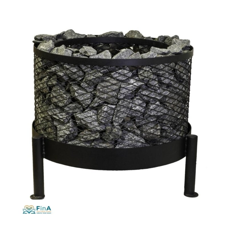 Seitenansicht COZY Saunaofen-Korb rund – leer, schwarz pulverbeschichtet