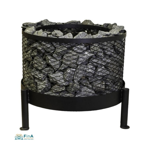 Seitenansicht COZY Saunaofen-Korb rund – leer, schwarz pulverbeschichtet