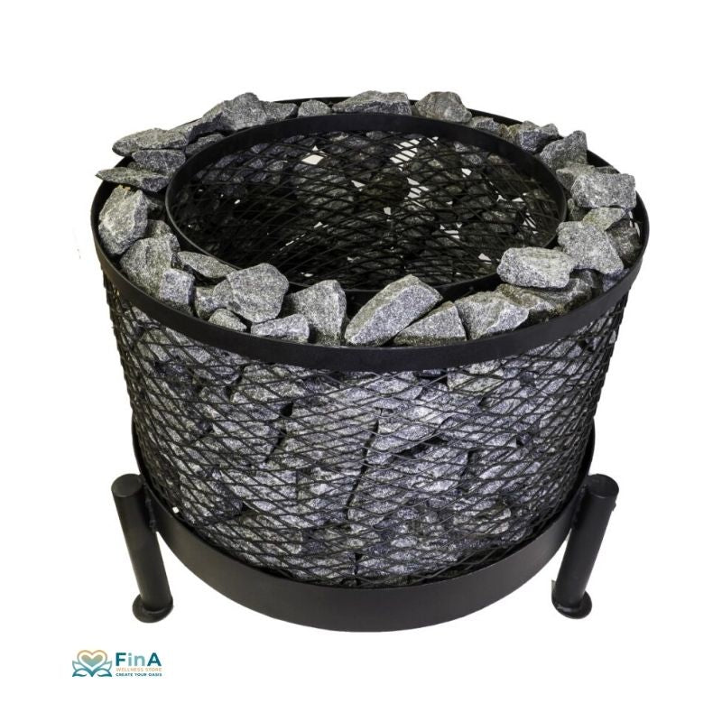 Seitenansicht COZY Saunaofen-Korb rund – leer, schwarz pulverbeschichtet