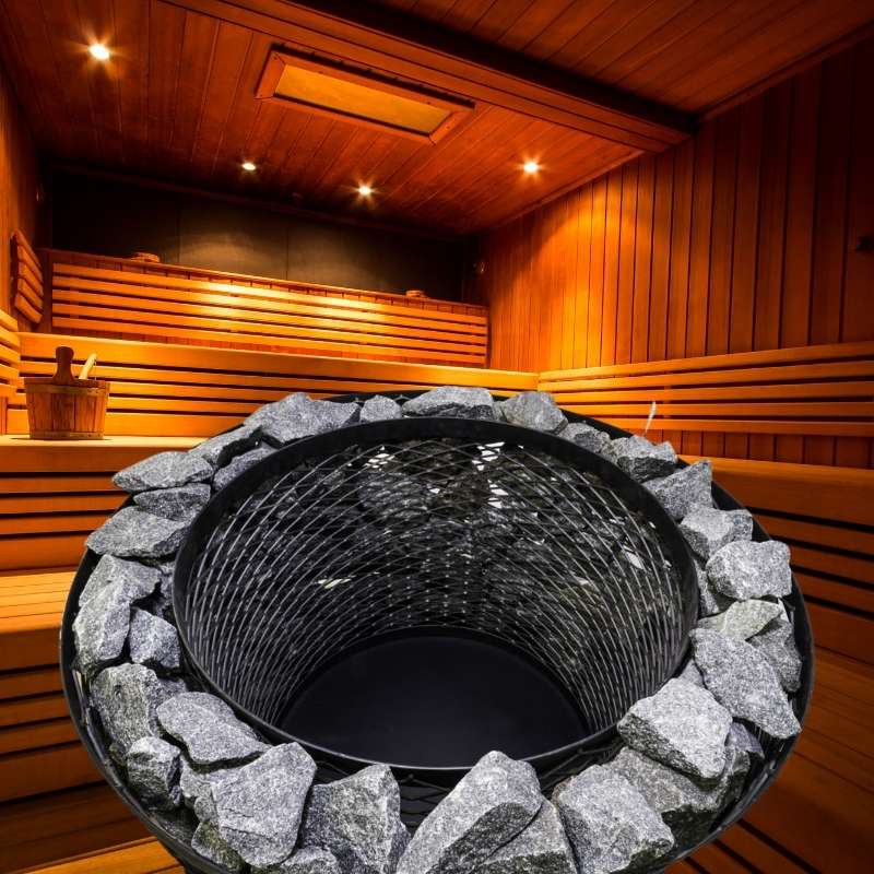 COZY Saunaofen-Korb befüllt mit Saunasteinen – moderne Gitteroptik, robust & langlebig
