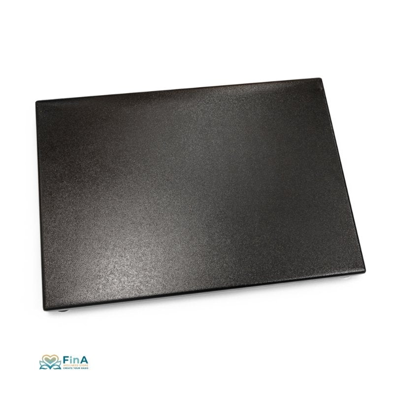 Hitzebeständige Schutzunterlage für Saunaofen – schwarze Stahlplatte mit rutschfesten Füßen