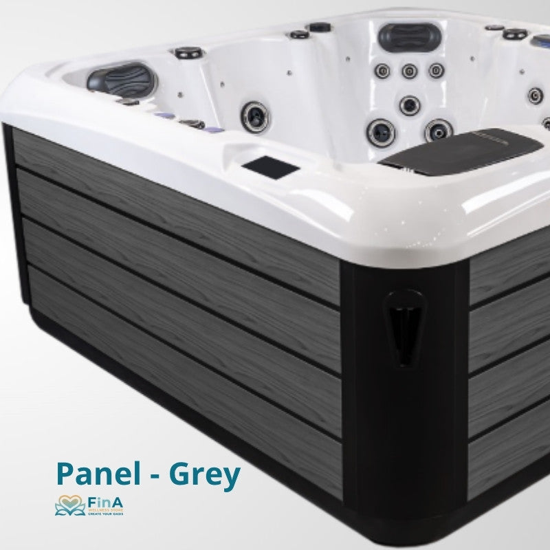 JJSPA Alpha 815 Whirlpool mit weißem Wannenrand, mehreren Massagedüsen und grauem Holzpaneeldekor an den Seitenwänden, Aussenansicht von schräg oben
