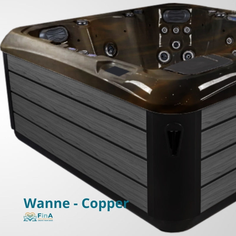 Whirlpool JJSPA Alpha 815 von JJSpa mit brauner Acrylwanne, schwarzem Außenverkleidungssystem und integrierten Massagedüsen für 6 Personen.