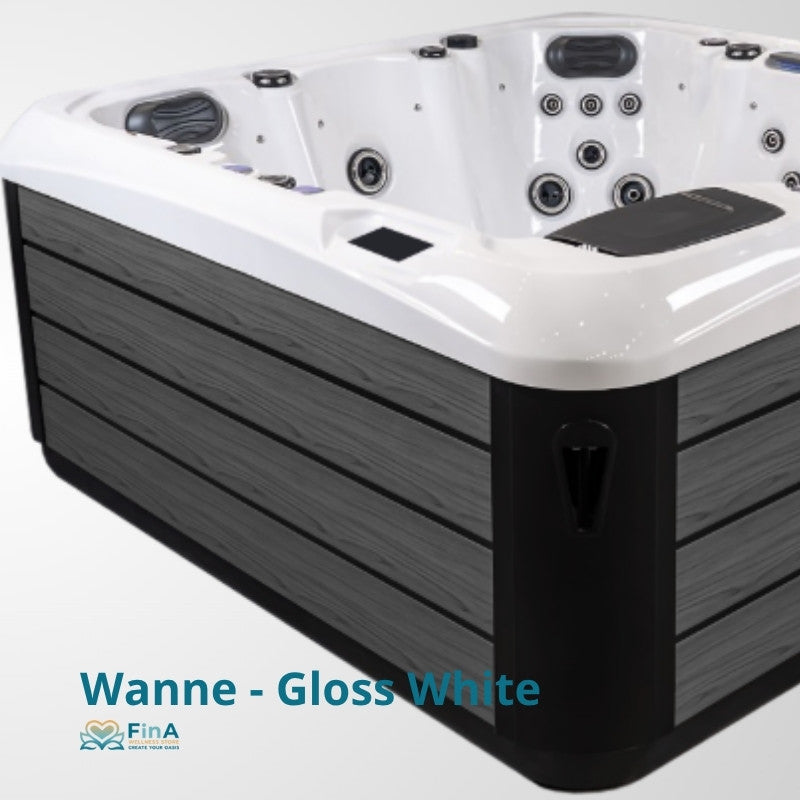 JJSpa Alpha 815 Whirlpool mit glänzend weißer Wanne, schwarzem Umrandung und mehreren Massagedüsen, Ansicht von schräg oben
