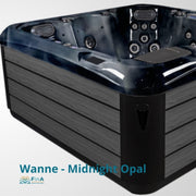 Whirlpool JJSpa Alpha 815 in Midnight Opal mit schwarzem Holzdekor, Draufsicht auf Innenbecken mit Düsen und Jet-Systemen für 6 Personen