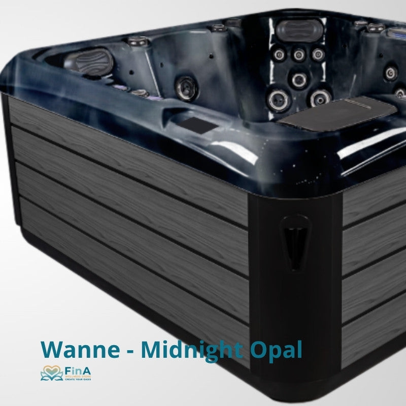 Whirlpool JJSpa Alpha 815 in Midnight Opal mit schwarzem Holzdekor, Draufsicht auf Innenbecken mit Düsen und Jet-Systemen für 6 Personen