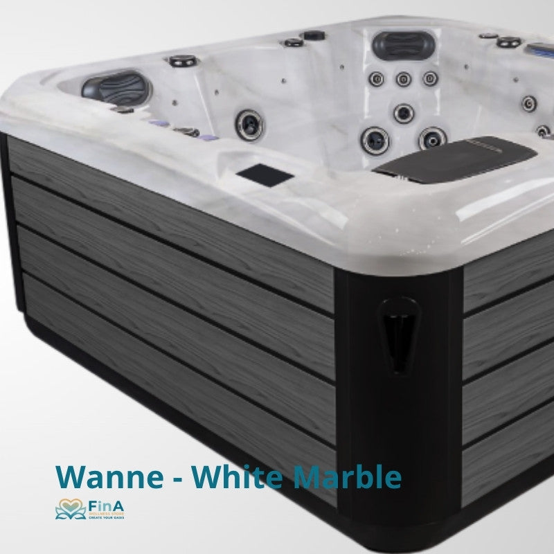 Wanne White Marble Whirlpool der Serie JJSPA Alpha 815 mit weißem Becken, schwarzem Skirting und zahlreichen Düsen für 6 Personen