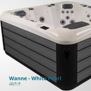 FinA Whirlpool Wanne White Pearl von JJSpa mit weißem Becken, schwarzem Außengehäuse und zahlreichen Massagedüsen für 6 Personen