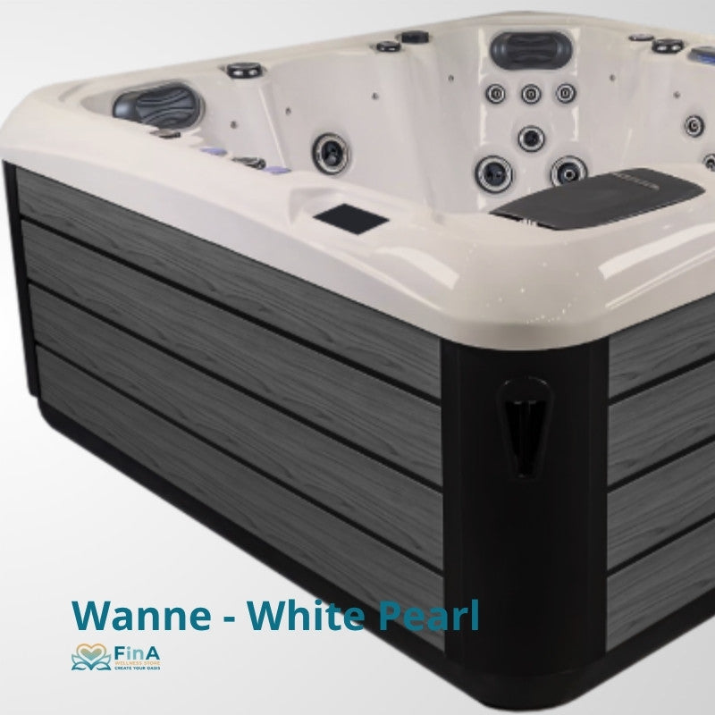 FinA Whirlpool Wanne White Pearl von JJSpa mit weißem Becken, schwarzem Außengehäuse und zahlreichen Massagedüsen für 6 Personen