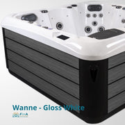 JJSpa Alpha 816 Whirlpool mit weißer glänzender Wanne, schwarzem Rahmen und mehreren Massagedüsen für 7 Personen