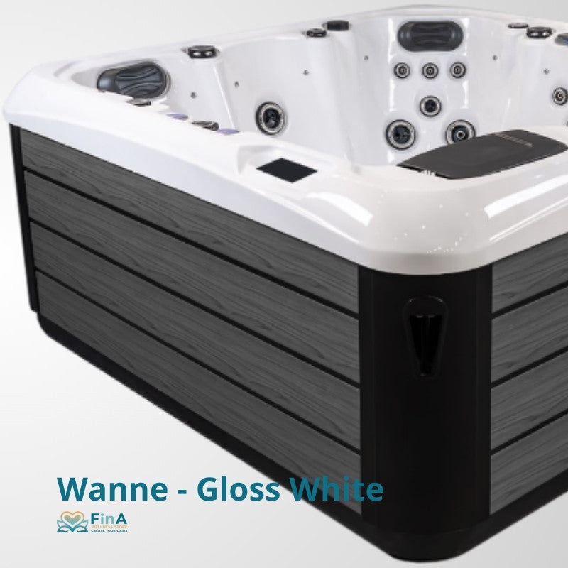 JJSpa Alpha 816 Whirlpool mit weißer glänzender Wanne, schwarzem Rahmen und mehreren Massagedüsen für 7 Personen