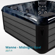 Whirlpool JJSPA Alpha 816 von JJSpa mit schwarzem glänzendem Becken und dunkelgrauer Außenverkleidung, Massagedüsen sichtbar im Inneren