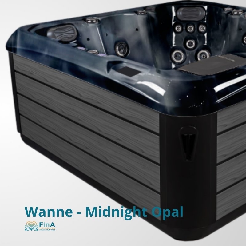 Whirlpool JJSPA Alpha 816 von JJSpa mit schwarzem glänzendem Becken und dunkelgrauer Außenverkleidung, Massagedüsen sichtbar im Inneren