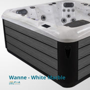 JJSPA Alpha 816 Whirlpool mit weißem Acryl-Becken und schwarzem Wellblechrahmen, 7-Personen-Außenwhirlpool mit Massagedüsen und integrierter Beleuchtung.