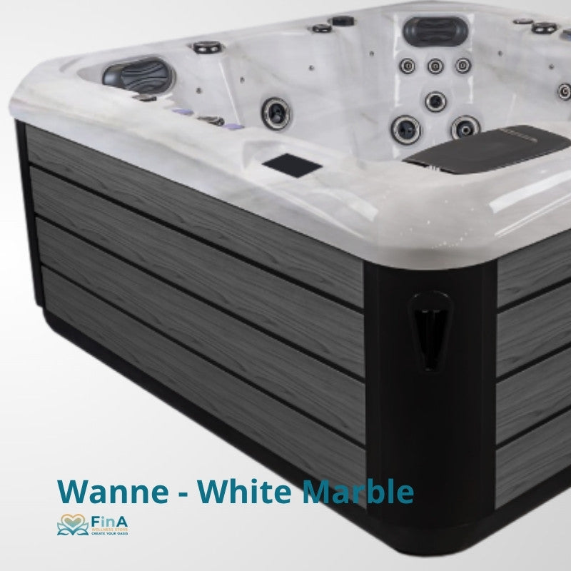 JJSPA Alpha 816 Whirlpool mit weißem Acryl-Becken und schwarzem Wellblechrahmen, 7-Personen-Außenwhirlpool mit Massagedüsen und integrierter Beleuchtung.