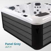 Whirlpool JJSpa Alpha 815 mit weißem Acrylbecken, schwarzem Holzpaneel und mehreren Düsen für 6 Personen