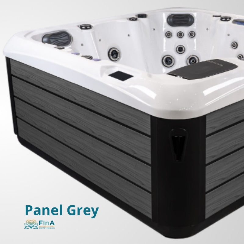 Whirlpool JJSpa Alpha 815 mit weißem Acrylbecken, schwarzem Holzpaneel und mehreren Düsen für 6 Personen
