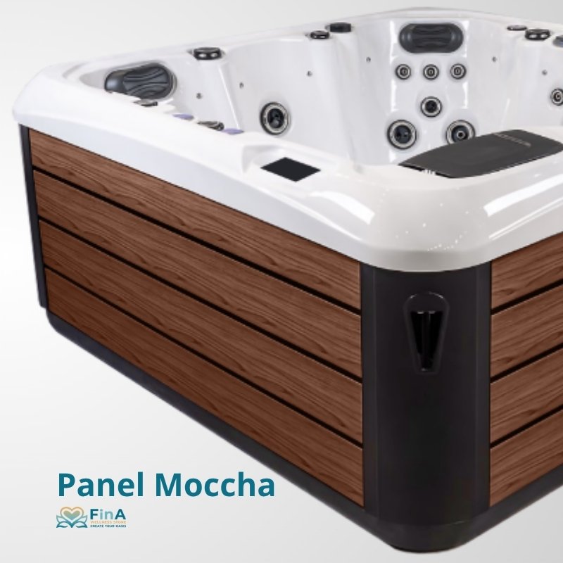 Whirlpool JJSpa Alpha 815 mit weißem Kunststoffbecken, Holzverkleidung in Mocca-Braun und mehreren Hydro-Massagedüsen auf der Innenseite, von vorne fotografiert