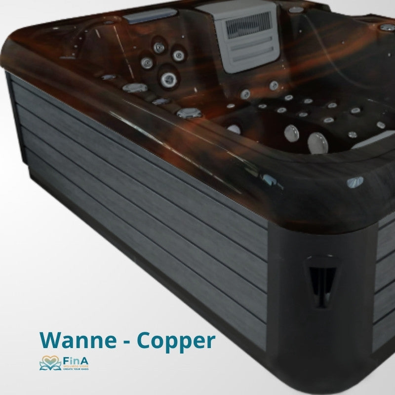 Whirlpool JJSPA Alpha 821 mit dunkelbraunem Deckel und grauem Wannenkorpus, ausgestattet mit Massagedüsen und Bedienfeld, für bis zu 3 Personen