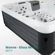 Whirlpool JJSPA Alpha 821 in Weiß-Schwarz von oben mit zahlreichen Massagedüsen und integrierter Filtration für 3 Personen