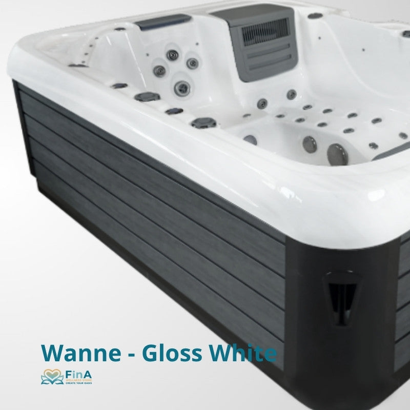 Whirlpool JJSPA Alpha 821 in Weiß-Schwarz von oben mit zahlreichen Massagedüsen und integrierter Filtration für 3 Personen