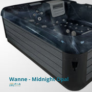 Wanne - Midnight Opal Whirlpool von JJSpa mit dunkelblauem Acrylbecken und grauen Seitenpanelen, Massagedüsen und integriertem Steuerungsmodul