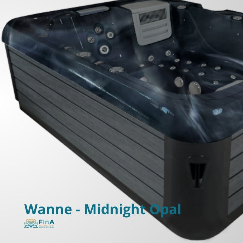 Wanne - Midnight Opal Whirlpool von JJSpa mit dunkelblauem Acrylbecken und grauen Seitenpanelen, Massagedüsen und integriertem Steuerungsmodul