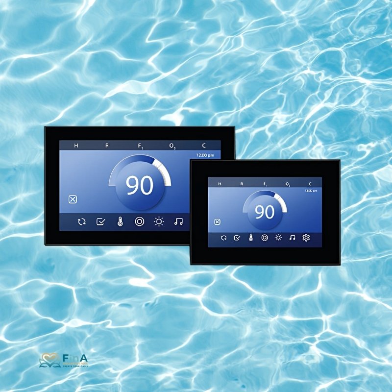 Zwei digitale Steuerungsmodule des JJSpa Alpha 823 mit Display zeigen die Temperaturanzeige von 90 Grad über Wasseroberflächenmuster im Hintergrund