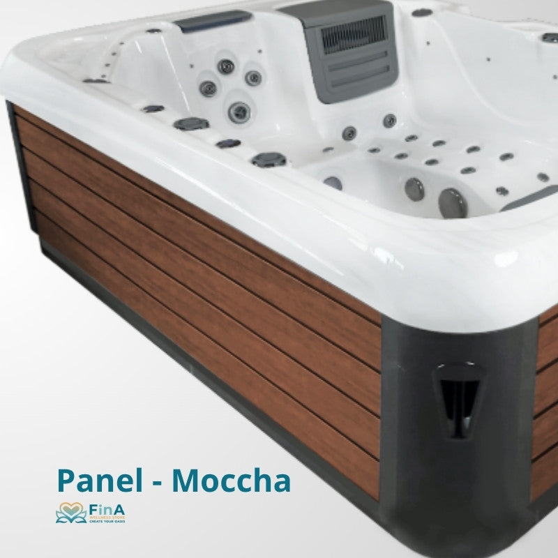 Weißer Whirlpool JJSPA Alpha 821 mit Holzverkleidung in Mocca-Optik und integrierten Massagedüsen für 3 Personen