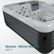Whirlpool JJSPA Alpha 821 in Weiß mit schwarzem Umrandung, Draufsicht auf Massagedüsen und Steuerungsbereich