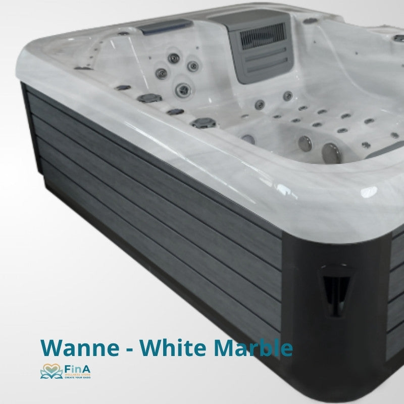 Whirlpool JJSPA Alpha 821 in Weiß mit schwarzem Umrandung, Draufsicht auf Massagedüsen und Steuerungsbereich