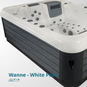 Whirlpool Wanne "White Pearl" von JJSpa Alpha 821 mit weißem Becken, schwarzem Rahmen, Düsen und Steuerungsmodul von oben fotografiert
