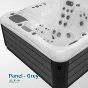 Whirlpool JJSPA Alpha 823A mit weißem Becken und grauem Außenpanel, Massagedüsen und Kontrollpaneele sichtbar