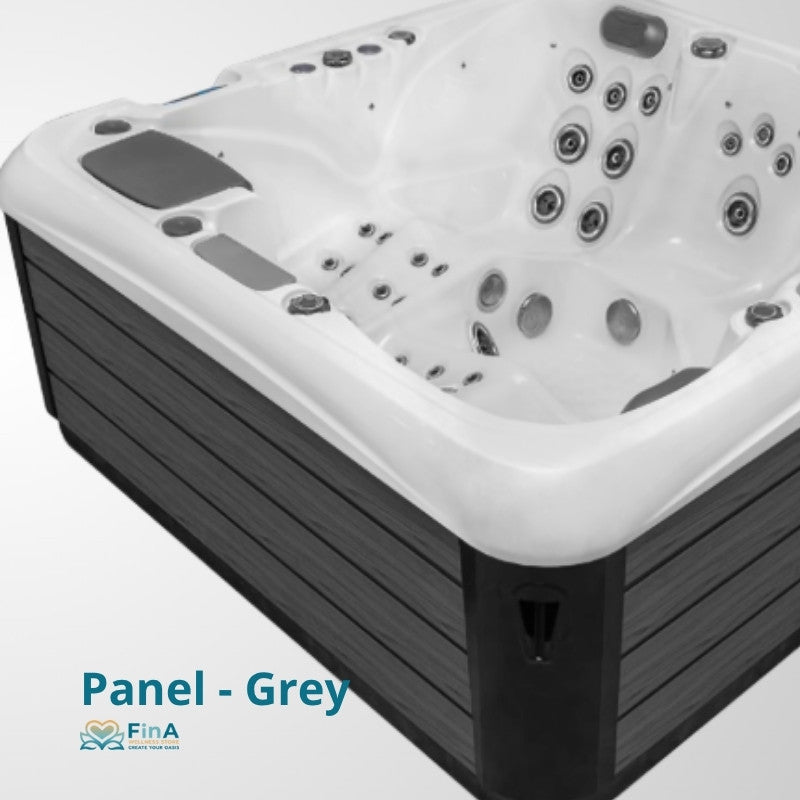 Whirlpool JJSPA Alpha 823A mit weißem Becken und grauem Außenpanel, Massagedüsen und Kontrollpaneele sichtbar