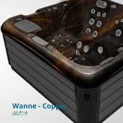 Whirlpool JJSPA Alpha 823A mit brauner Acrylwanne, zahlreichen Massagedüsen und schwarzem Rahmen von oben fotografiert