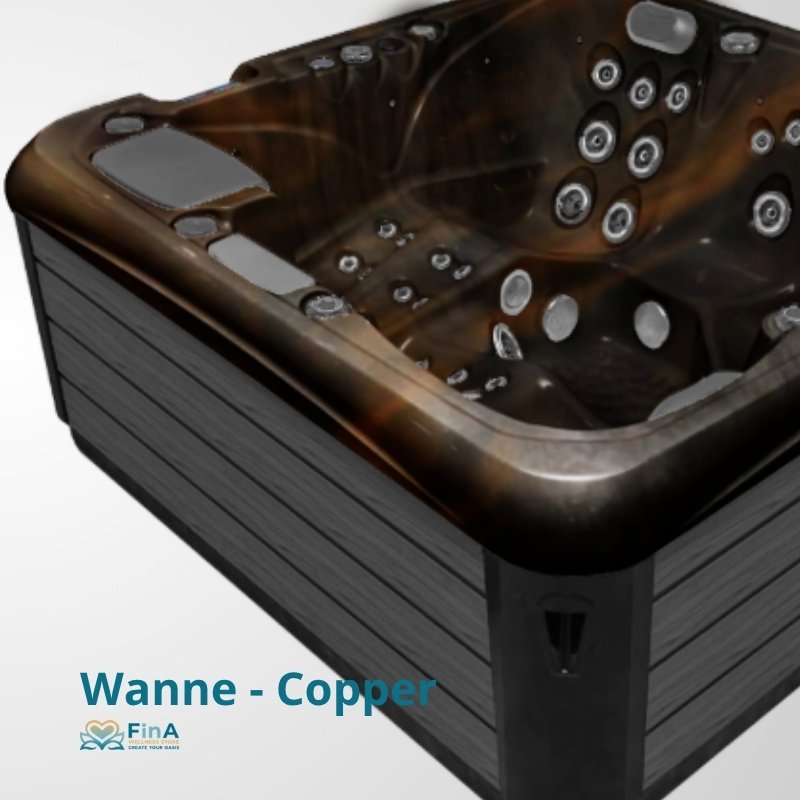 Whirlpool JJSPA Alpha 823A mit brauner Acrylwanne, zahlreichen Massagedüsen und schwarzem Rahmen von oben fotografiert