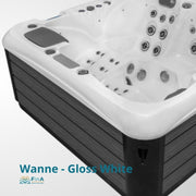 Whirlpool JJSPA Alpha 823A in Wanne Gloss White mit schwarzem Rahmen, Draufsicht auf Massagedüsen und Bedienelemente