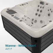 Whirlpool JJSPA Alpha 823A mit weißer Wanne und schwarzem Rahmen von oben, zahlreiche Massage-Düsen sichtbar, für 5 Personen