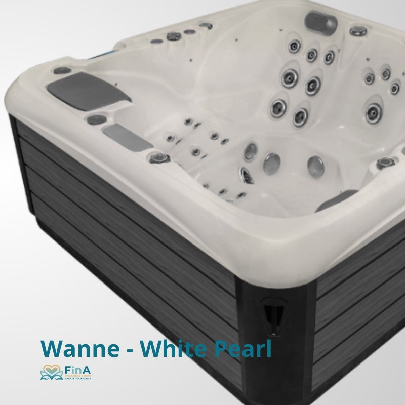 Whirlpool JJSPA Alpha 823A mit weißer Wanne und schwarzem Rahmen von oben, zahlreiche Massage-Düsen sichtbar, für 5 Personen
