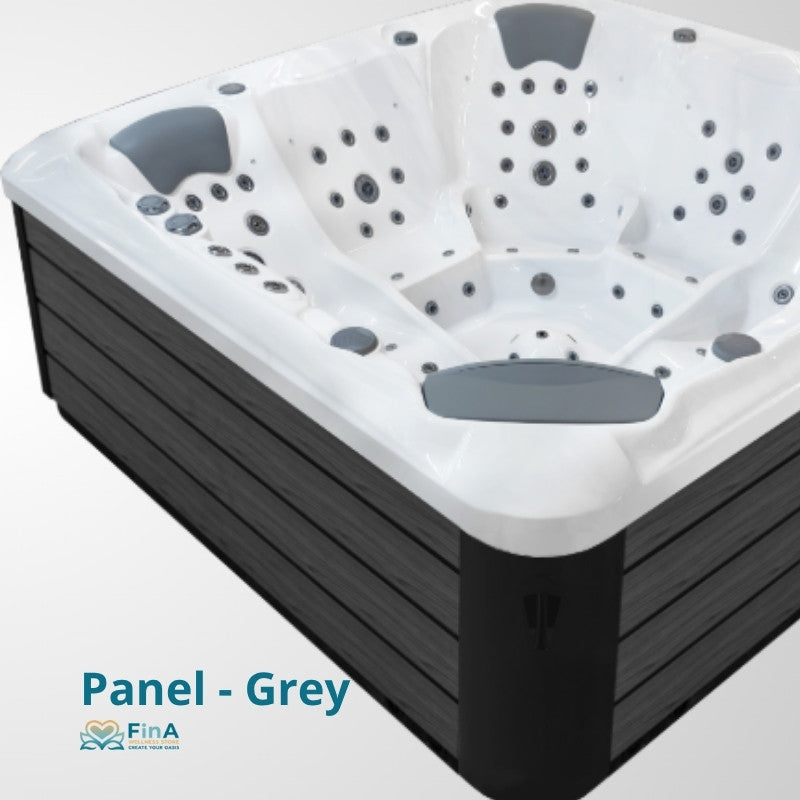 JJSpa Alpha 823 Whirlpool mit weißer Wanne, grauem Kopfkissen und zahlreichen Düsen, auf schwarzem Paneel-Rahmen in Grau