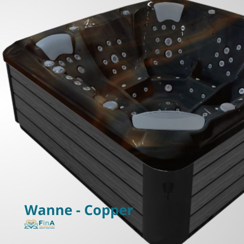 FinA Whirlpool Wanne-Copper von JJSpa Alpha 823 mit schwarzem Rand, Massagedüsen und ergonomischen Rückenlehnen für fünf Personen