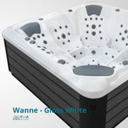 JJSpa Alpha 823 Whirlpool in Gloss White mit vier ergonomischen Sitzen, Düsensystem und schwarzem Rahmen von oben fotografiert