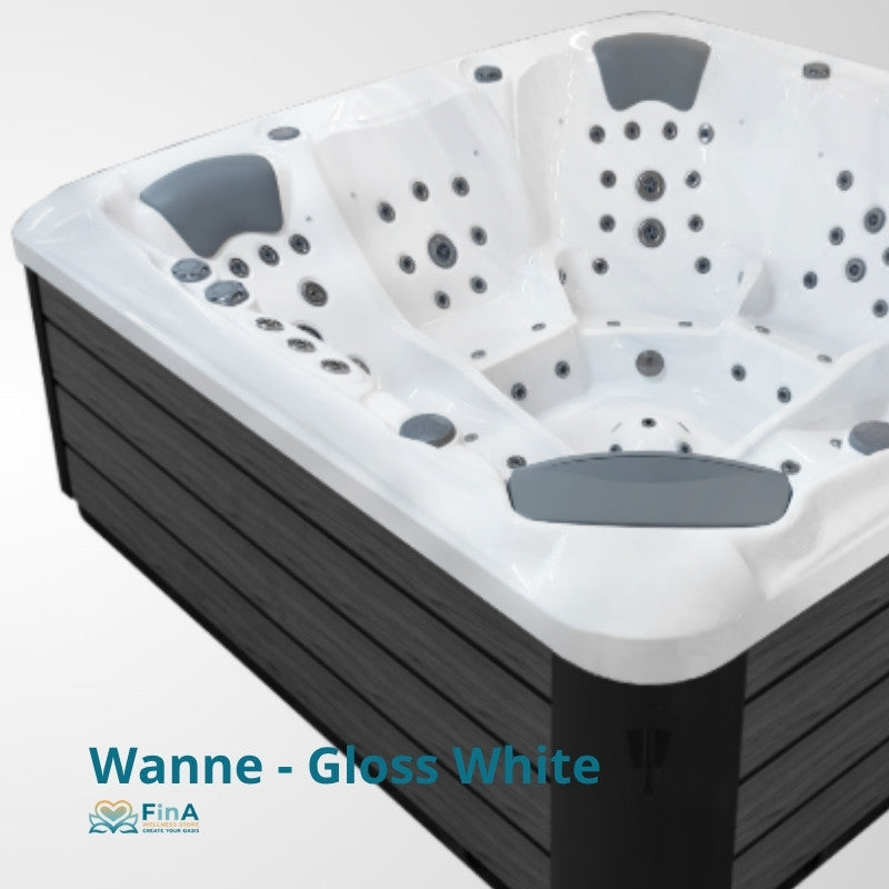 JJSpa Alpha 823 Whirlpool in Gloss White mit vier ergonomischen Sitzen, Düsensystem und schwarzem Rahmen von oben fotografiert