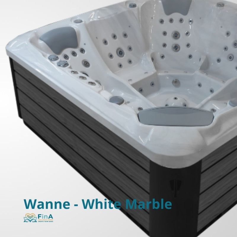 Whirlpool JJSPA Alpha 823 mit weißem Acrylbecken, mehreren Düsen und grauem Untergestell, Modell Wanne White Marble von FinA.