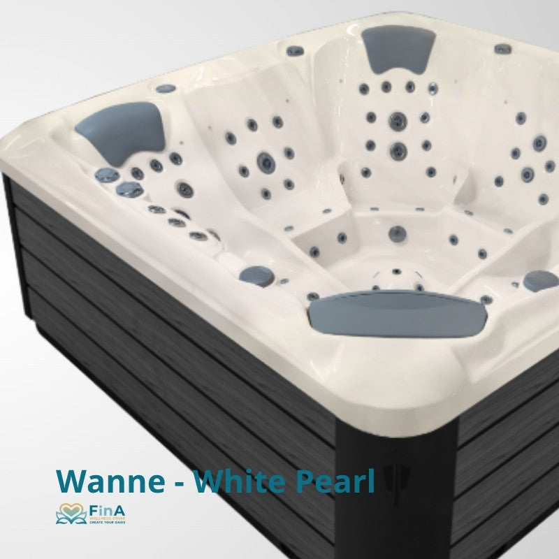 JJSpa Alpha 823 Whirlpool in Weiß mit schwarzem Rahmen, Massagedüsen und ergonomischen Sitzplätzen für 5 Personen