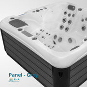JJSpa Alpha 923 PREMIUM Whirlpool von oben mit weißem Becken, zahlreichen Massagedüsen und granem Paneel, Ansicht der Steuerungselemente